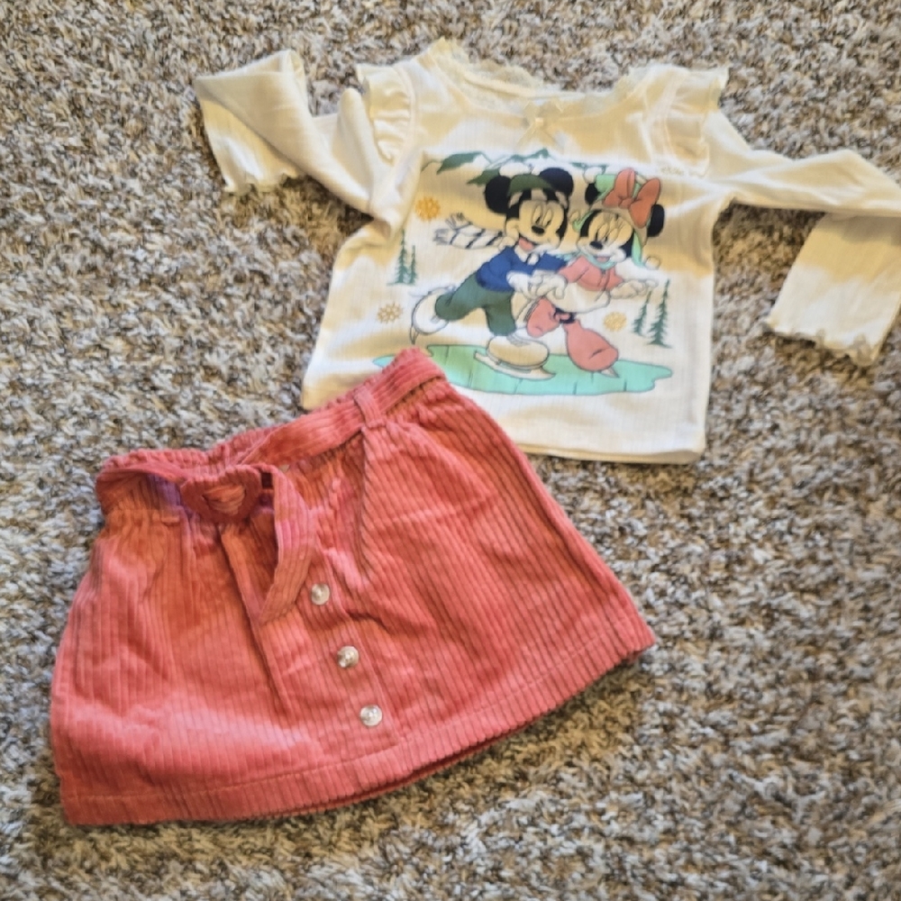 Disney Mickey and Minnie Cream Top with Coral Cordoroy Skirt - Picture 1 of 1